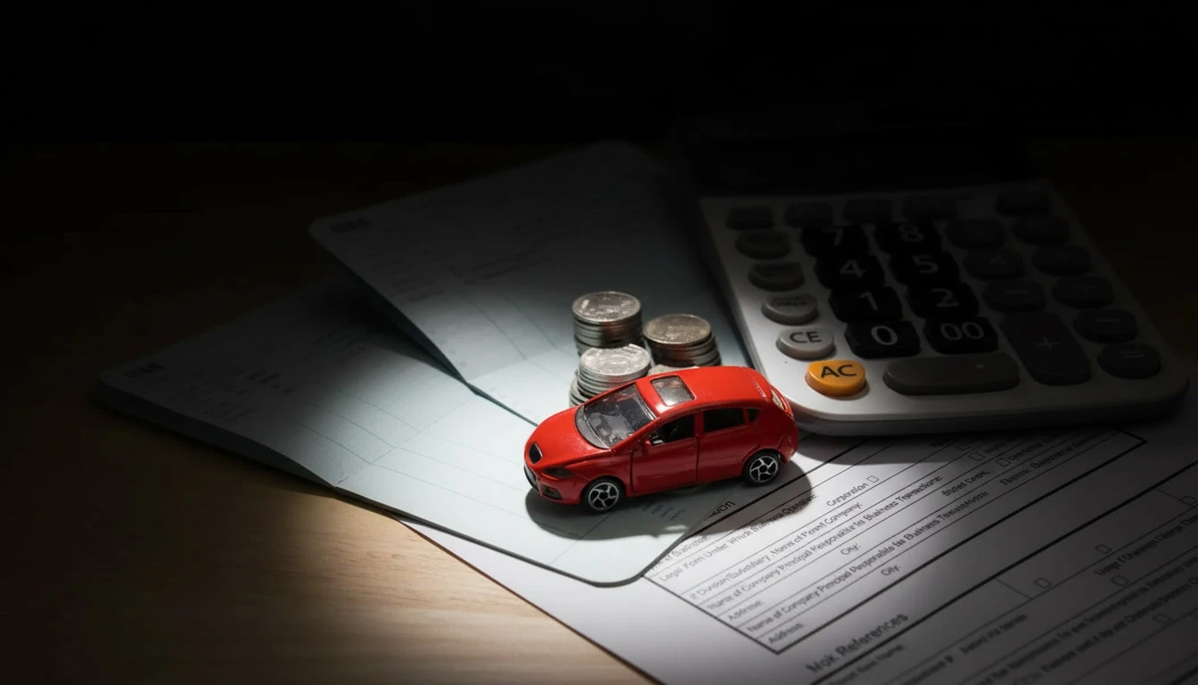 Scène de bureau avec documents administratifs, calculatrice électronique et piles de pièces de monnaie sur table en bois