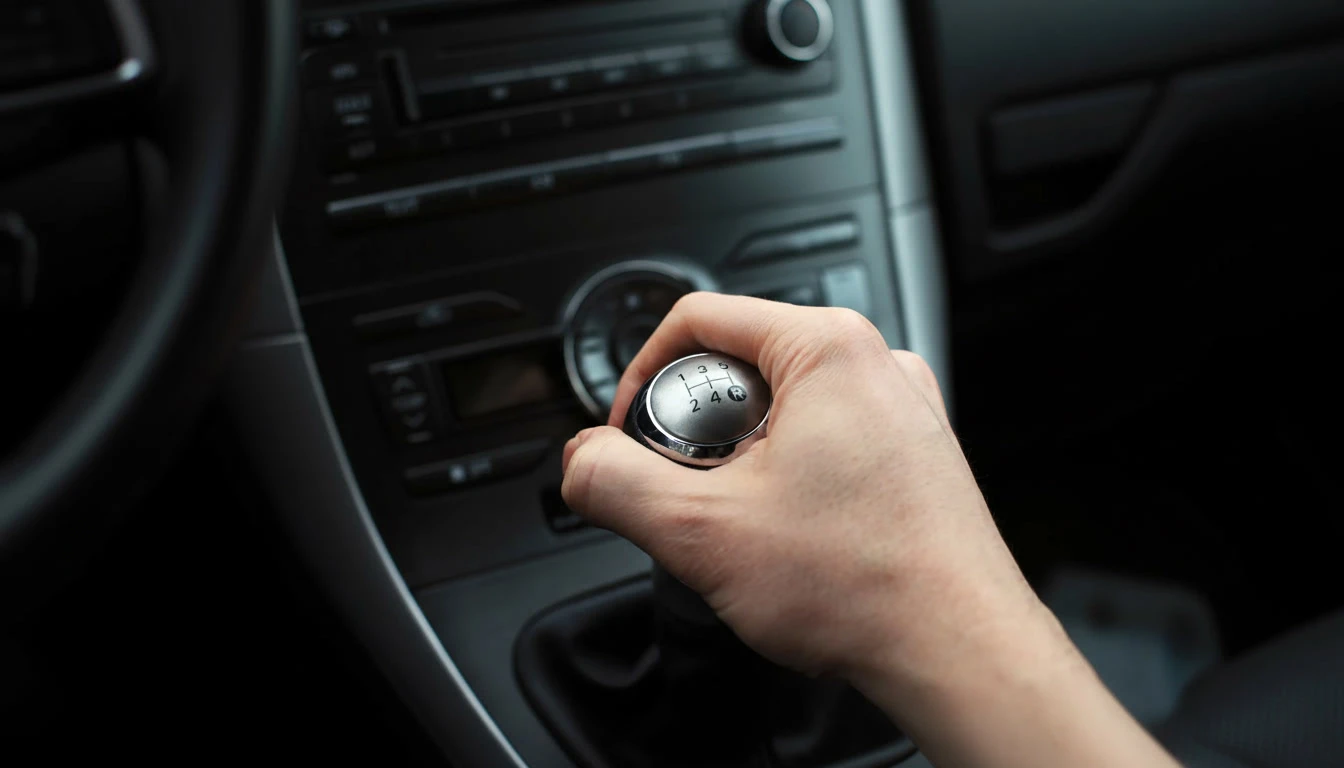 Intérieur véhicule, main masculine saisissant le pommeau de levier de vitesses manuel