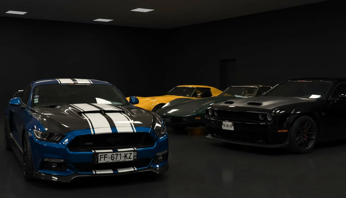 Une flotte de camions blancs stationnés en rangée sur un terminal logistique au coucher du soleil