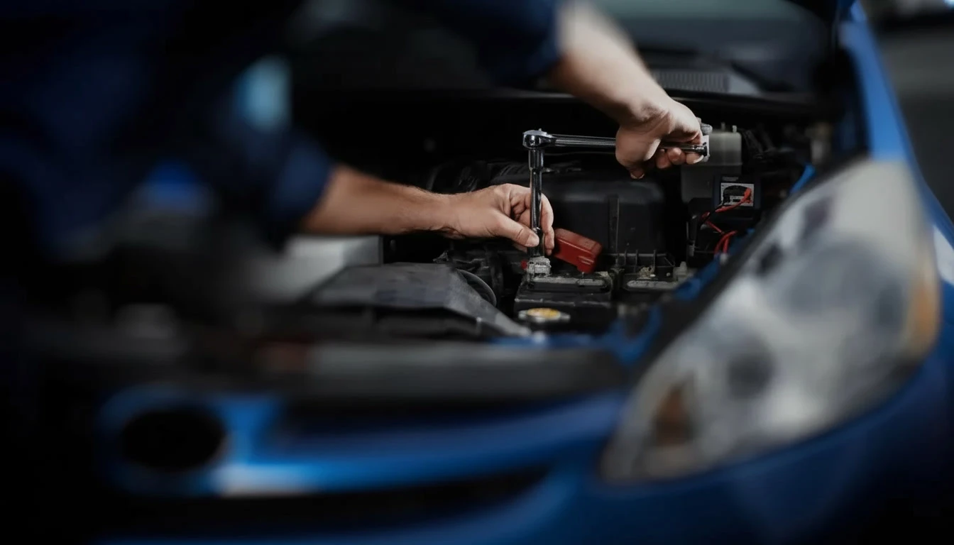 Mécanicien automobile travaillant sous le capot d'un véhicule en plein jour